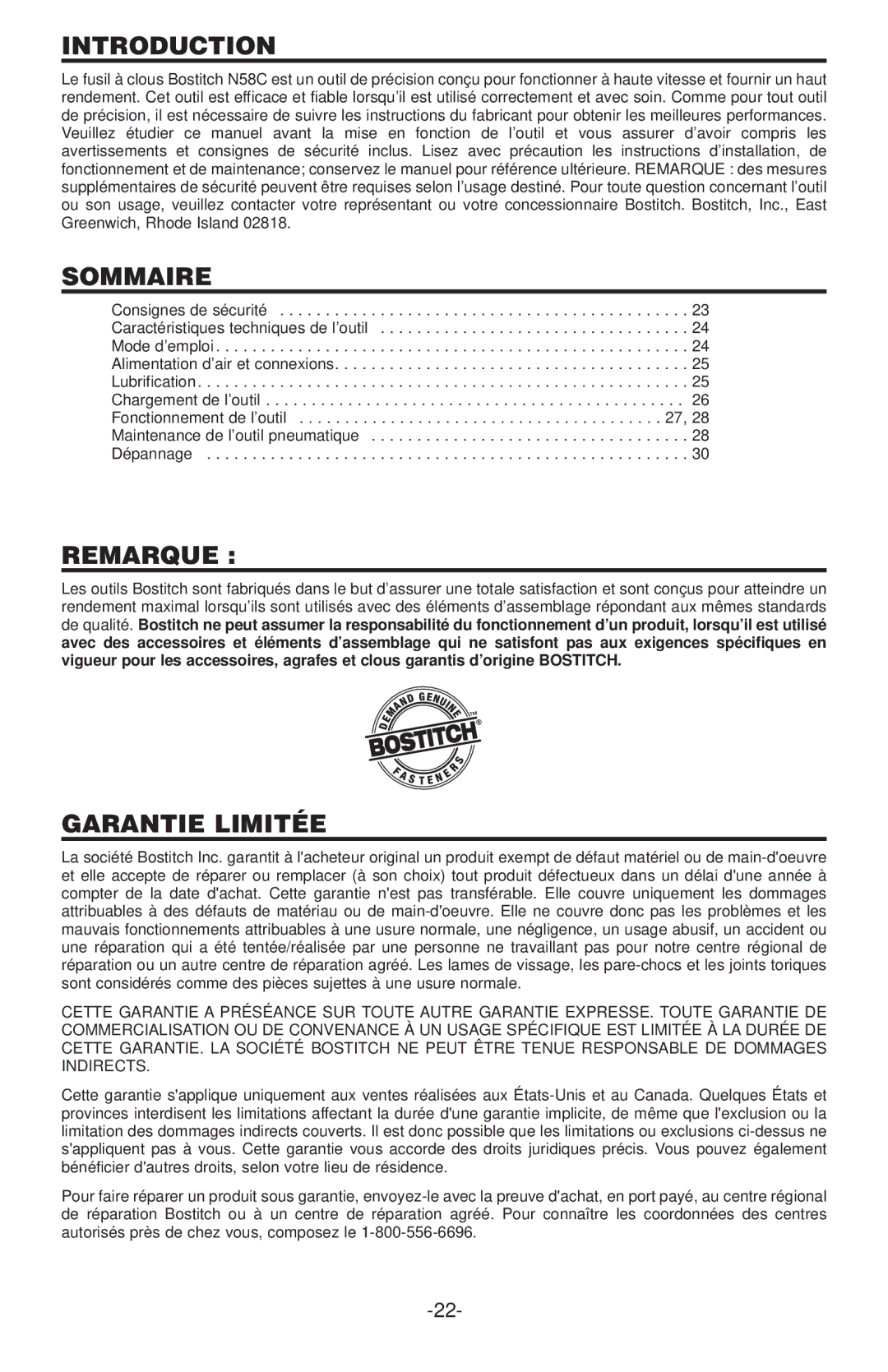 Bostitch N58C manual Sommaire, Remarque, Garantie Limitée 