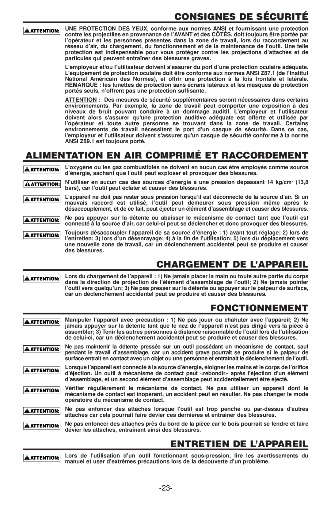 Bostitch N58C manual Consignes DE Sécurité, Alimentation EN AIR Comprimé ET Raccordement, Chargement DE L’APPAREIL 