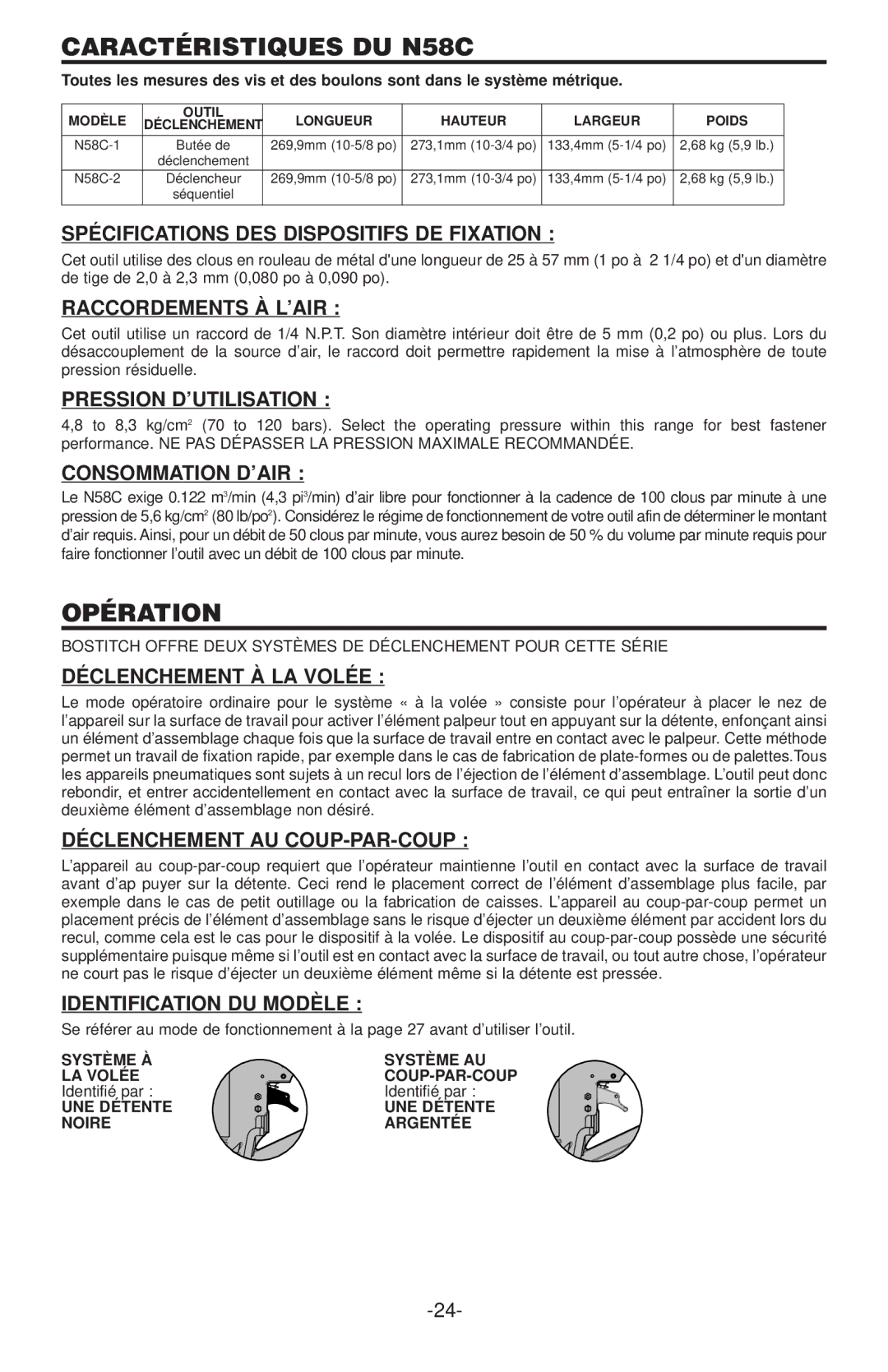 Bostitch manual Caractéristiques DU N58C, Opération 