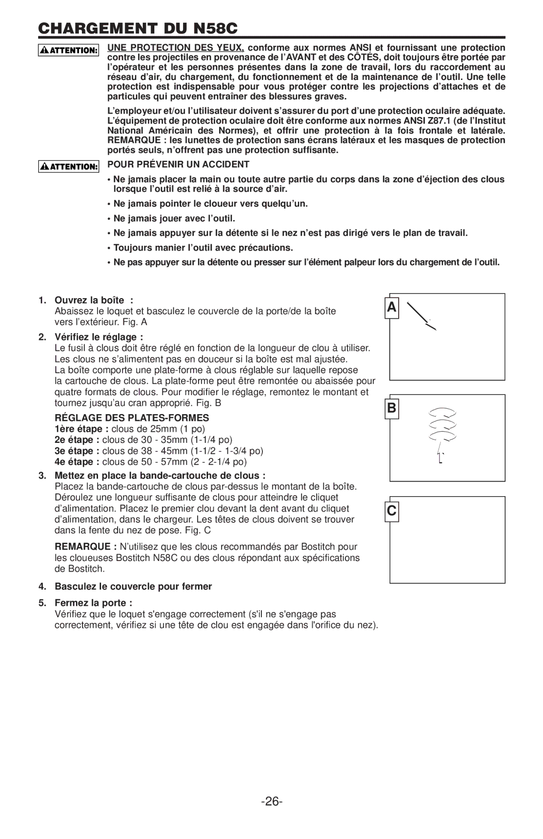 Bostitch manual Chargement DU N58C, Pour Prévenir UN Accident 