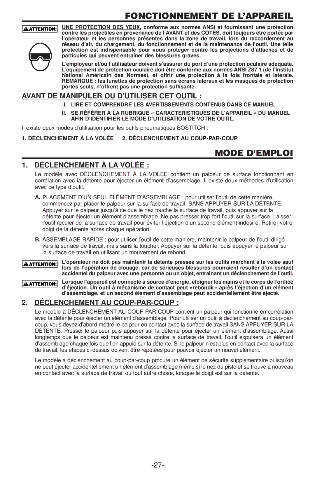 Bostitch N58C manual Fonctionnement DE L’APPAREIL, Mode D’EMPLOI, Avant DE Manipuler OU D’UTILISER CET Outil 