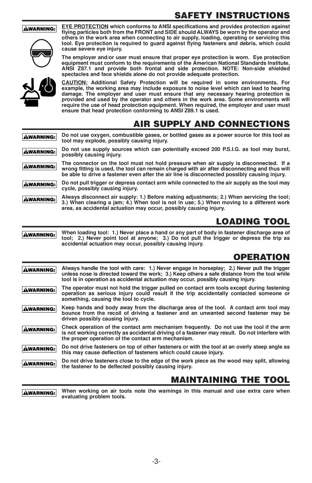 Bostitch N58C manual Safety Instructions, AIR Supply and Connections, Loading Tool, Operation, Maintaining the Tool 