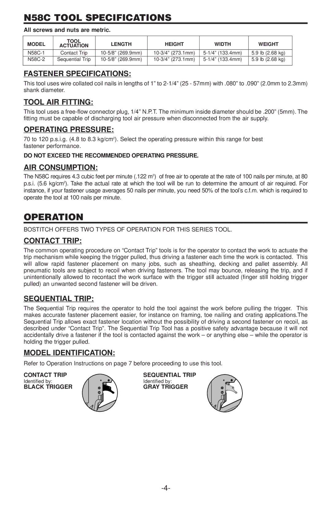 Bostitch manual N58C Tool Specifications 