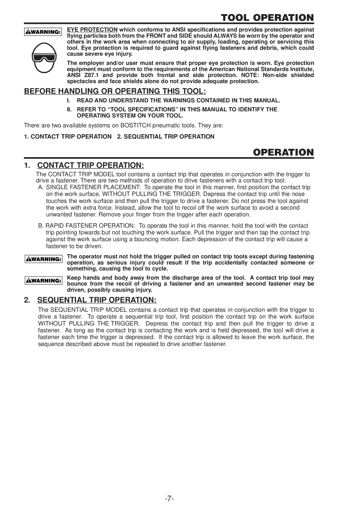 Bostitch N58C Tool Operation, Before Handling or Operating this Tool, Contact Trip Operation, Sequential Trip Operation 