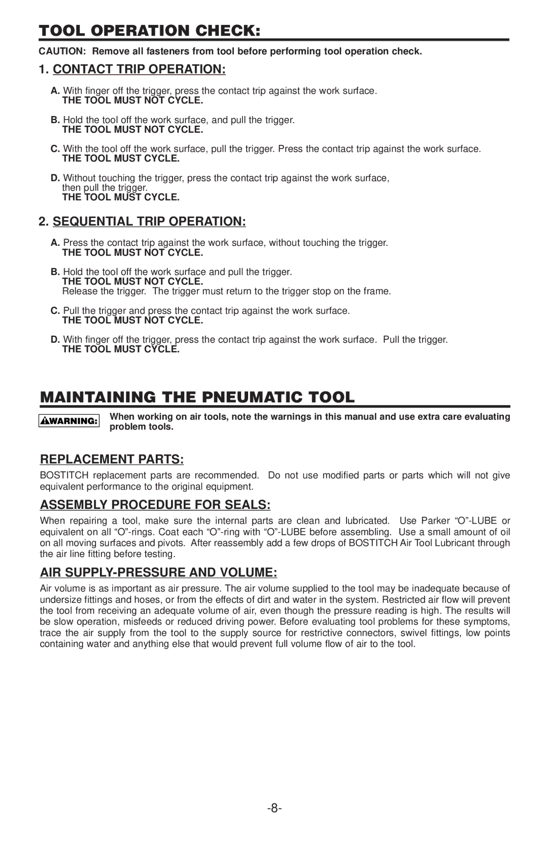 Bostitch N58C manual Tool Operation Check, Maintaining the Pneumatic Tool, Replacement Parts, Assembly Procedure for Seals 