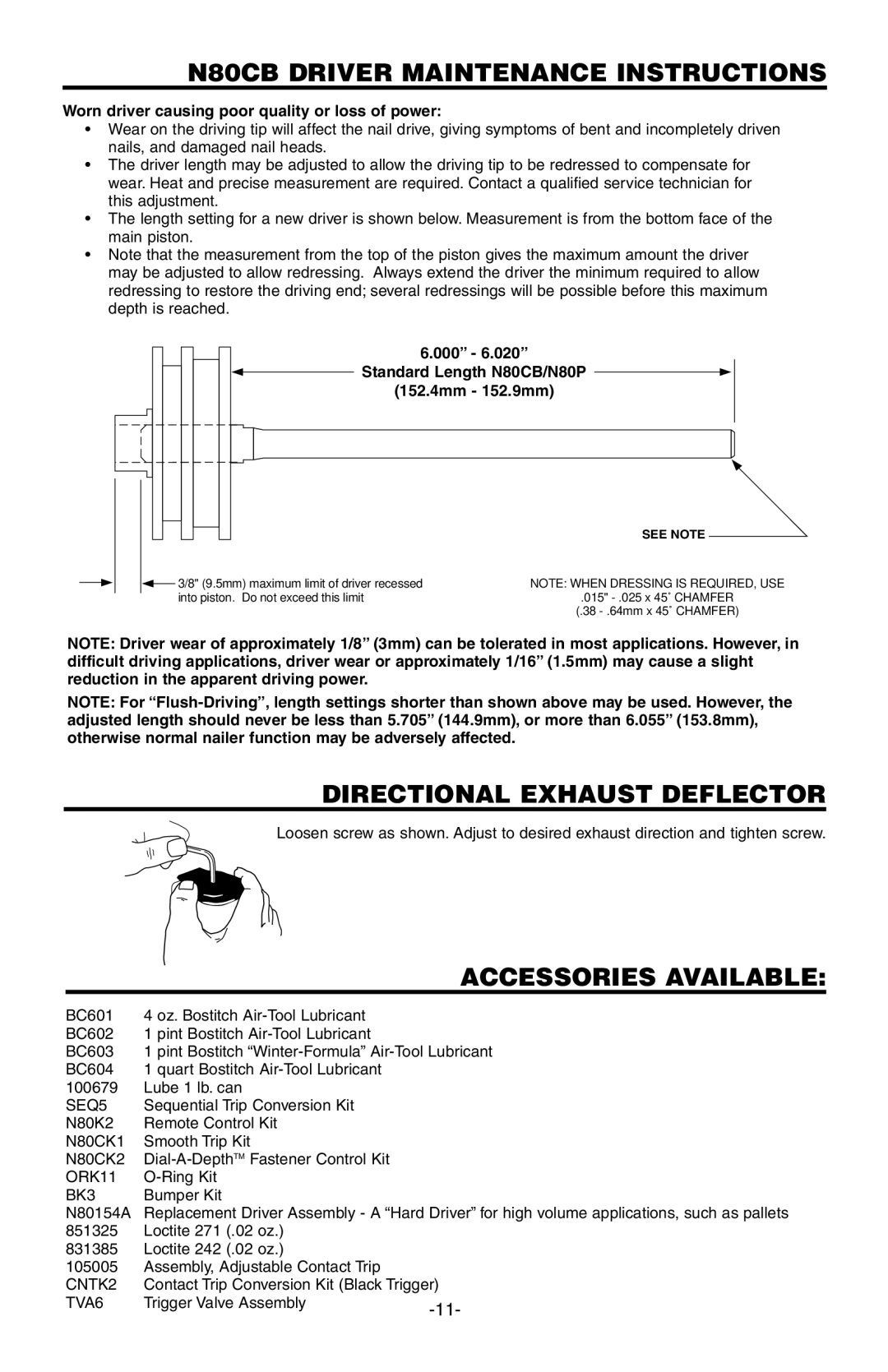 Bostitch manual N80CB Driver Maintenance Instructions, Directional Exhaust Deflector, Accessories Available 