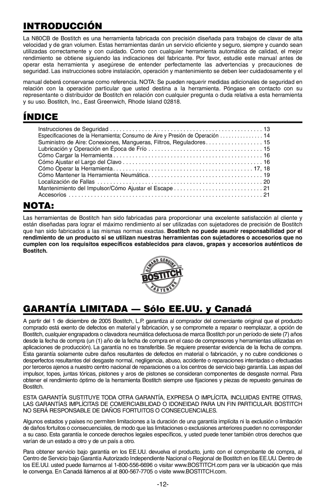 Bostitch N80CB manual Introducción, Índice, Nota 