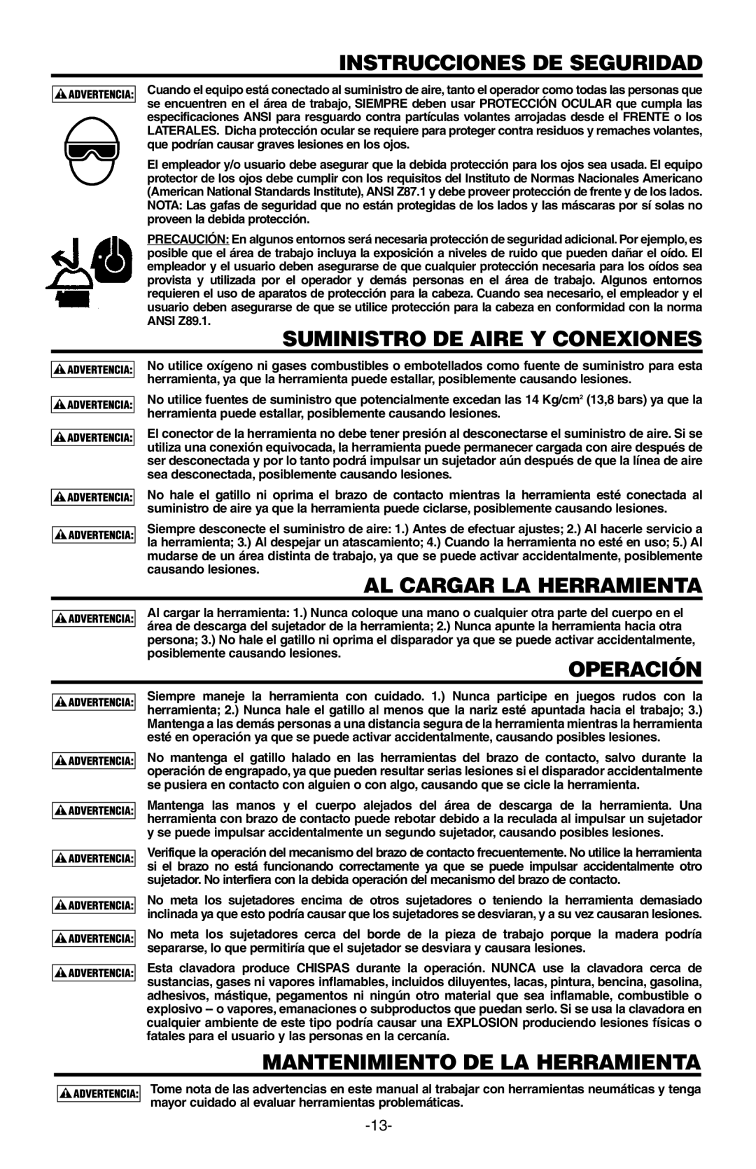 Bostitch N80CB manual Instrucciones DE Seguridad, Suministro DE Aire Y Conexiones, AL Cargar LA Herramienta, Operación 