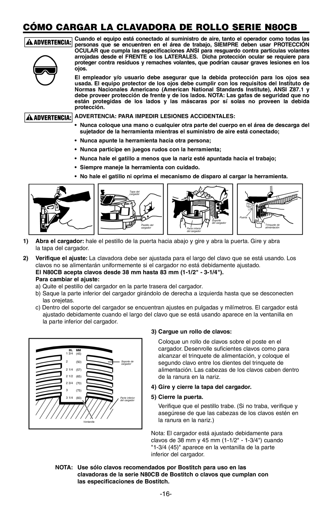 Bostitch N80CB manual Advertencia Para Impedir Lesiones Accidentales, Cargue un rollo de clavos 