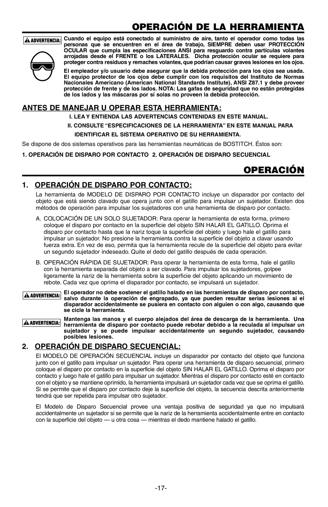 Bostitch N80CB Operación DE LA Herramienta, Antes DE Manejar U Operar Esta Herramienta, Operación DE Disparo POR Contacto 