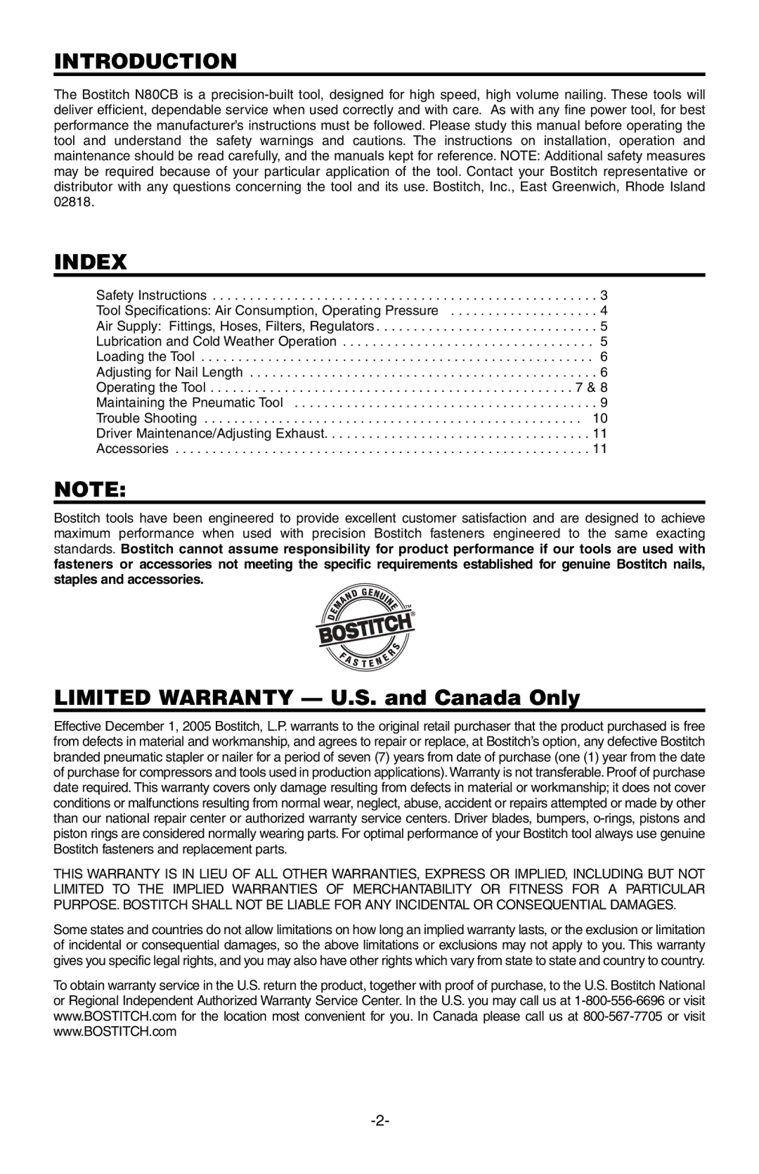 Bostitch N80CB manual Introduction, Index 