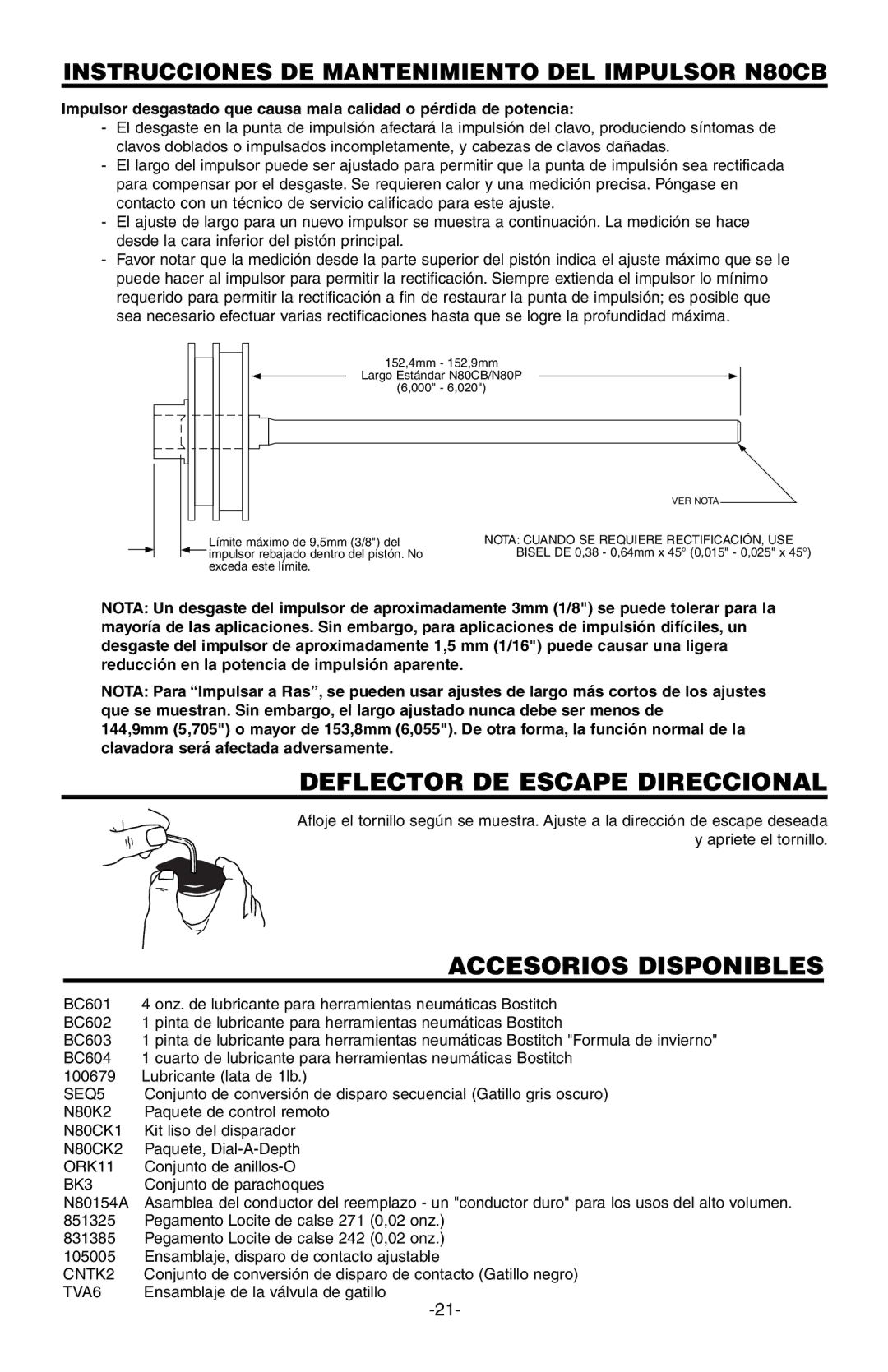 Bostitch N80CB manual Deflector DE Escape Direccional, Accesorios Disponibles 