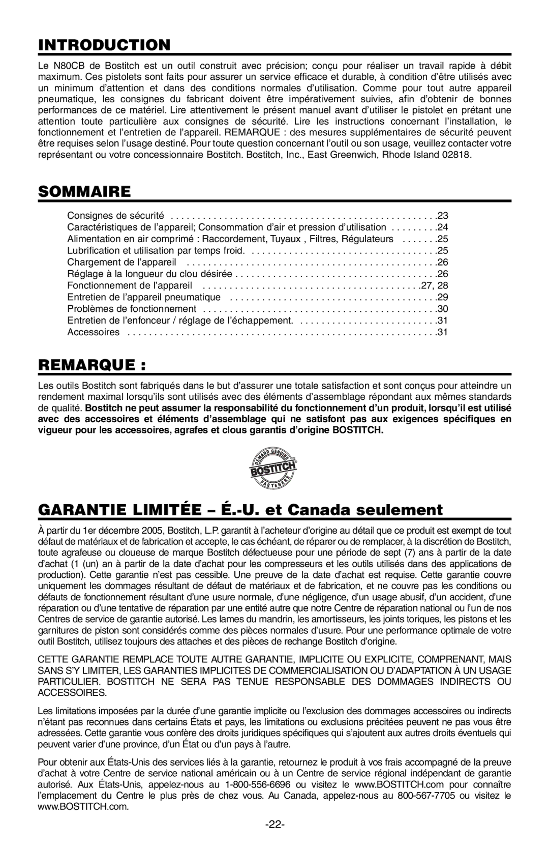 Bostitch N80CB manual Sommaire, Remarque 