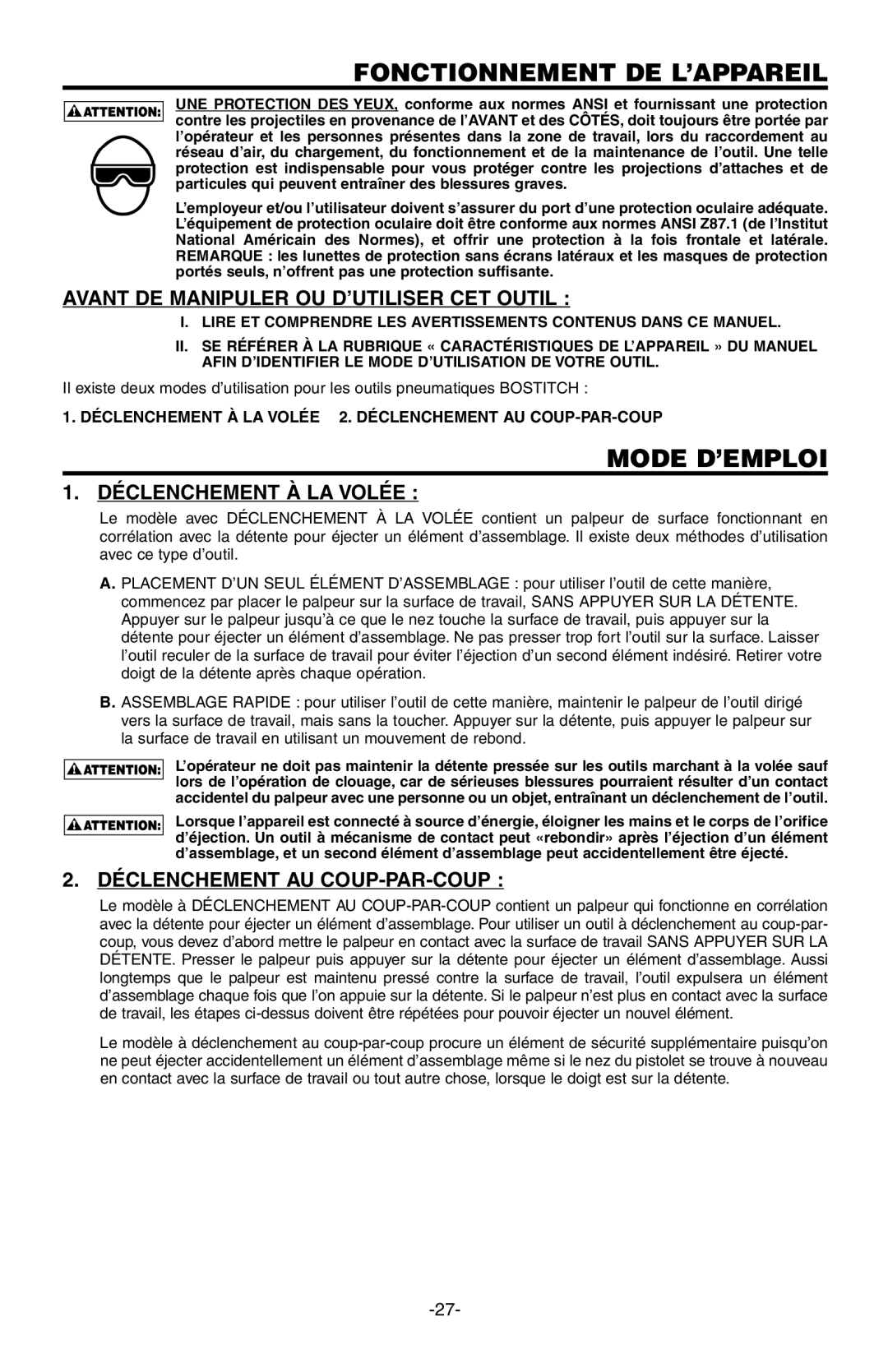 Bostitch N80CB manual Fonctionnement DE L’APPAREIL, Mode D’EMPLOI, Avant DE Manipuler OU D’UTILISER CET Outil 