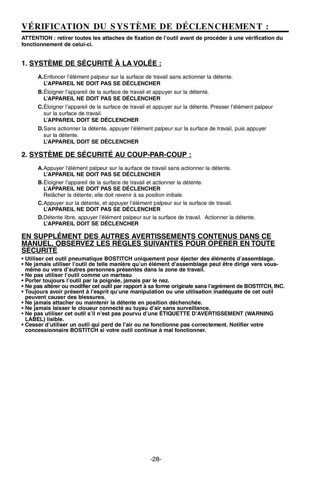 Bostitch N80CB Vérification DU Système DE Déclenchement, Système DE Sécurité À LA Volée, ’APPAREIL Doit SE Déclencher 