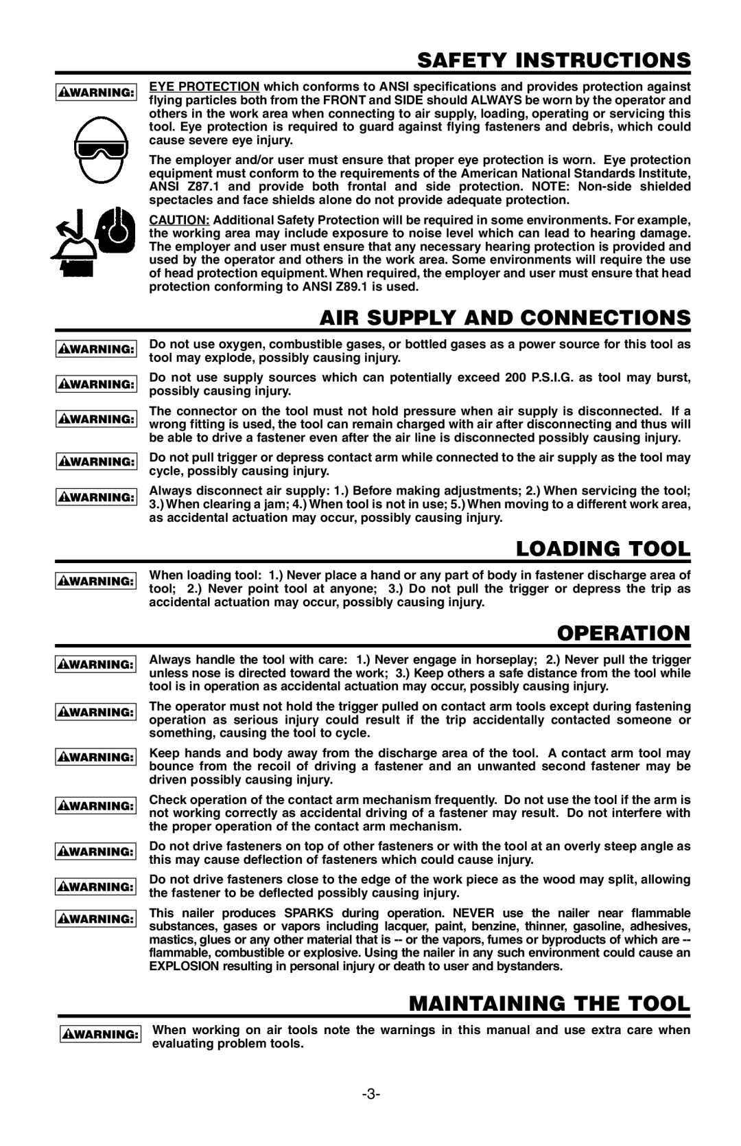 Bostitch N80CB manual Safety Instructions, AIR Supply and Connections, Loading Tool, Operation, Maintaining the Tool 