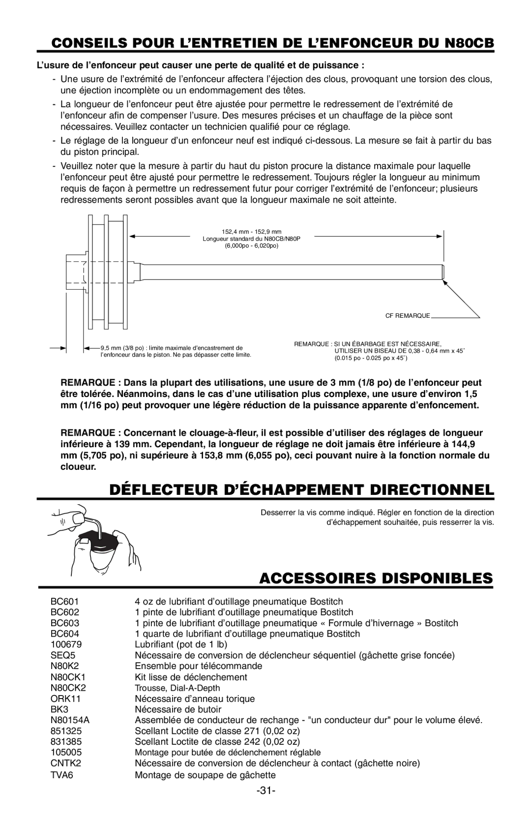 Bostitch N80CB manual Déflecteur D’ÉCHAPPEMENT Directionnel, Accessoires Disponibles 