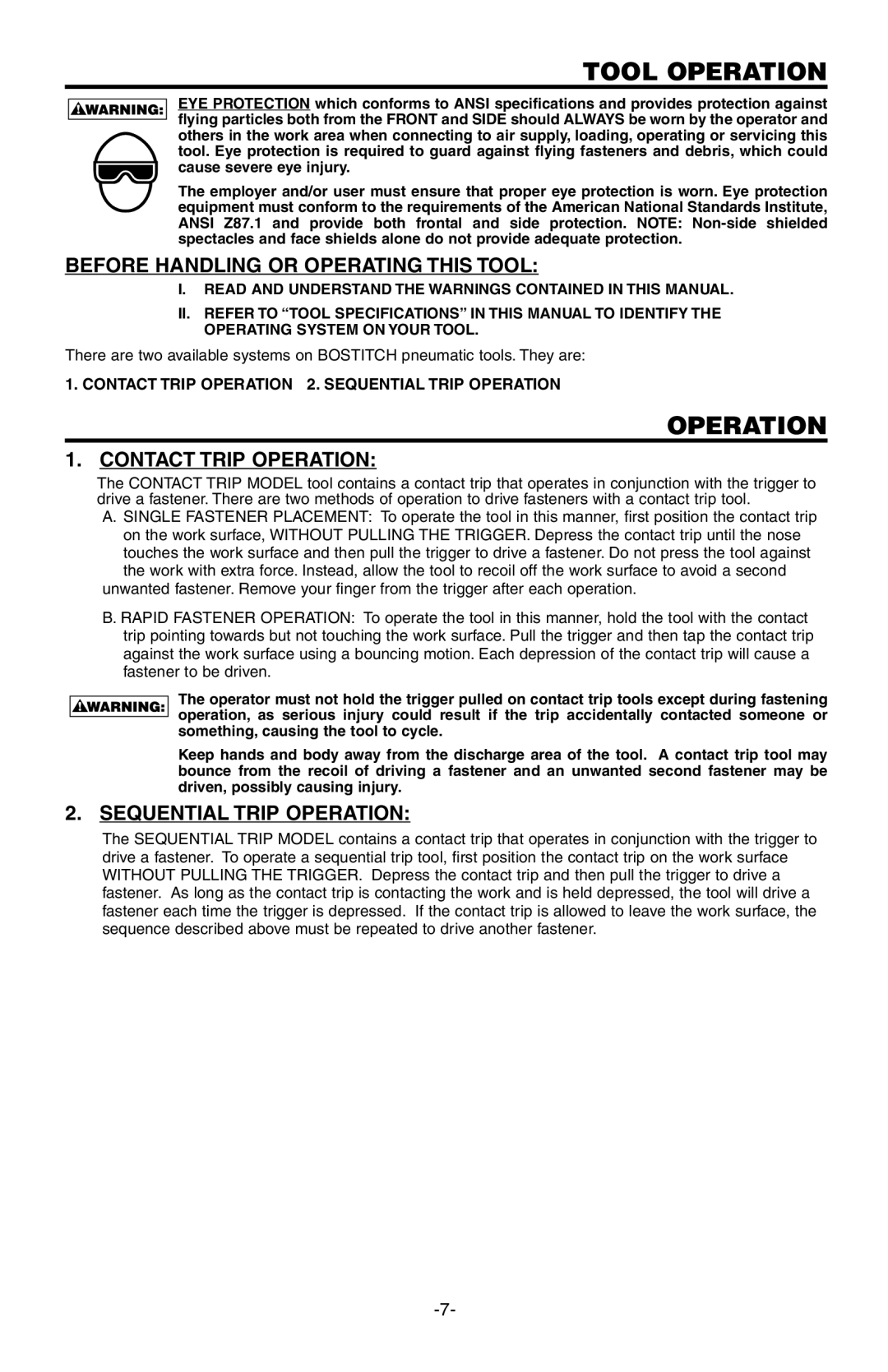Bostitch N80CB Tool Operation, Before Handling or Operating this Tool, Contact Trip Operation, Sequential Trip Operation 