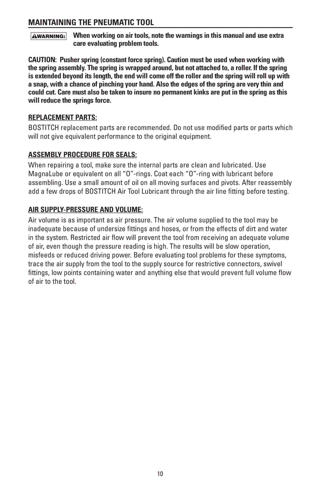 Bostitch N88WWB, N88RH manual Maintaining the Pneumatic Tool, Replacement Parts, Assembly Procedure for Seals 