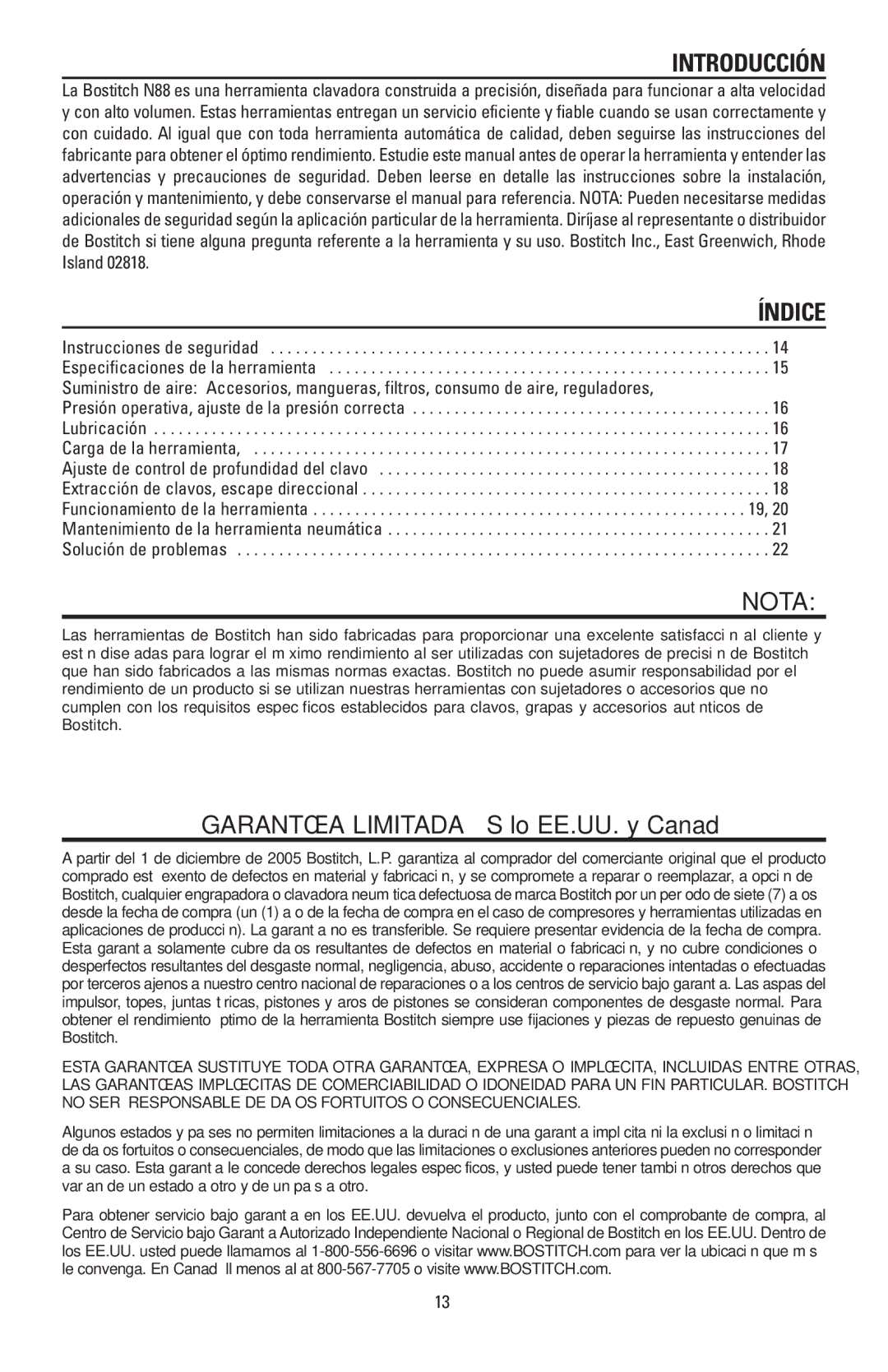 Bostitch N88RH, N88WWB manual Introducción, Nota 