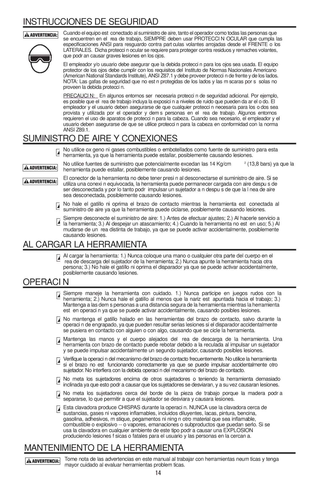 Bostitch N88WWB, N88RH Instrucciones DE Seguridad, Suministro DE Aire Y Conexiones, AL Cargar LA Herramienta, Operación 