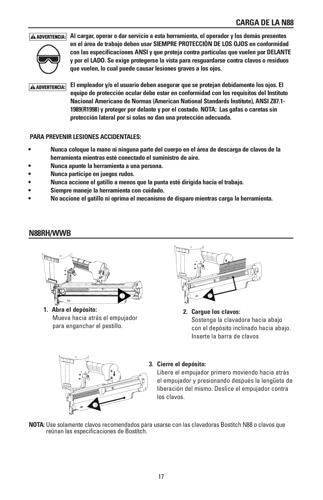 Bostitch N88RH, N88WWB manual Carga DE LA N88, Para Prevenir Lesiones Accidentales 