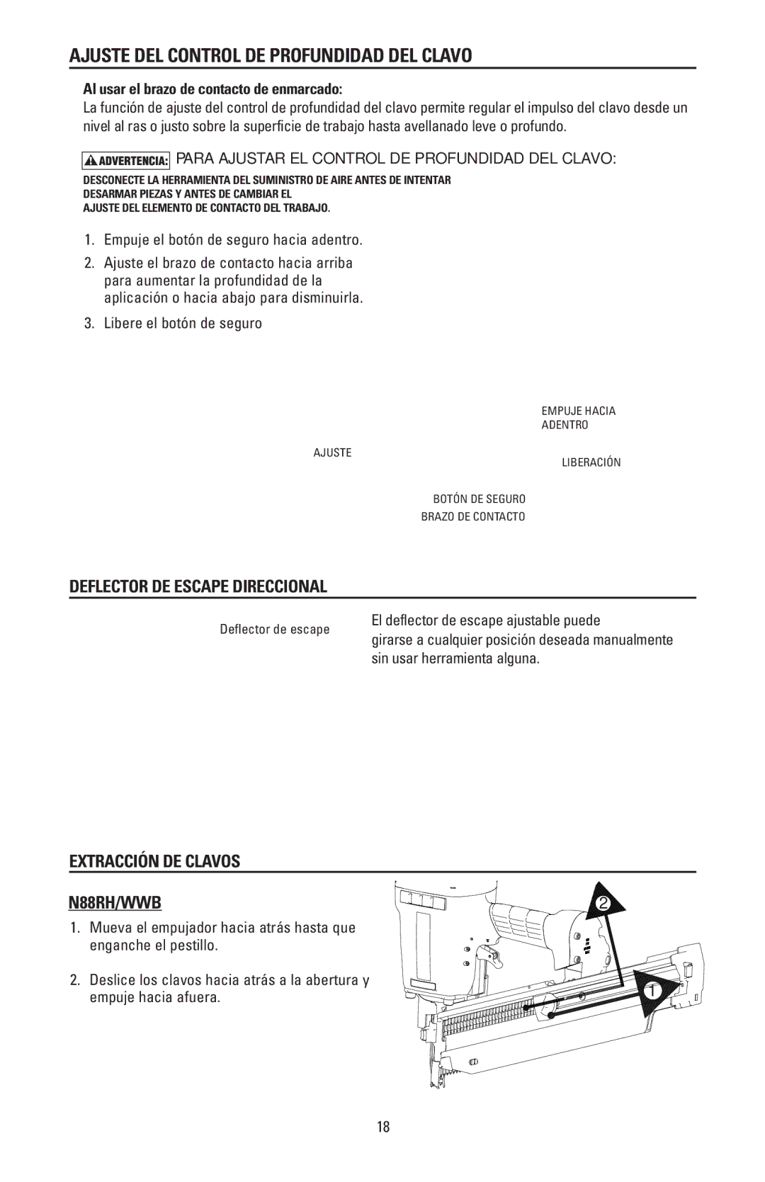 Bostitch N88WWB manual Ajuste DEL Control DE Profundidad DEL Clavo, Extracción DE Clavos N88RH/WWB 