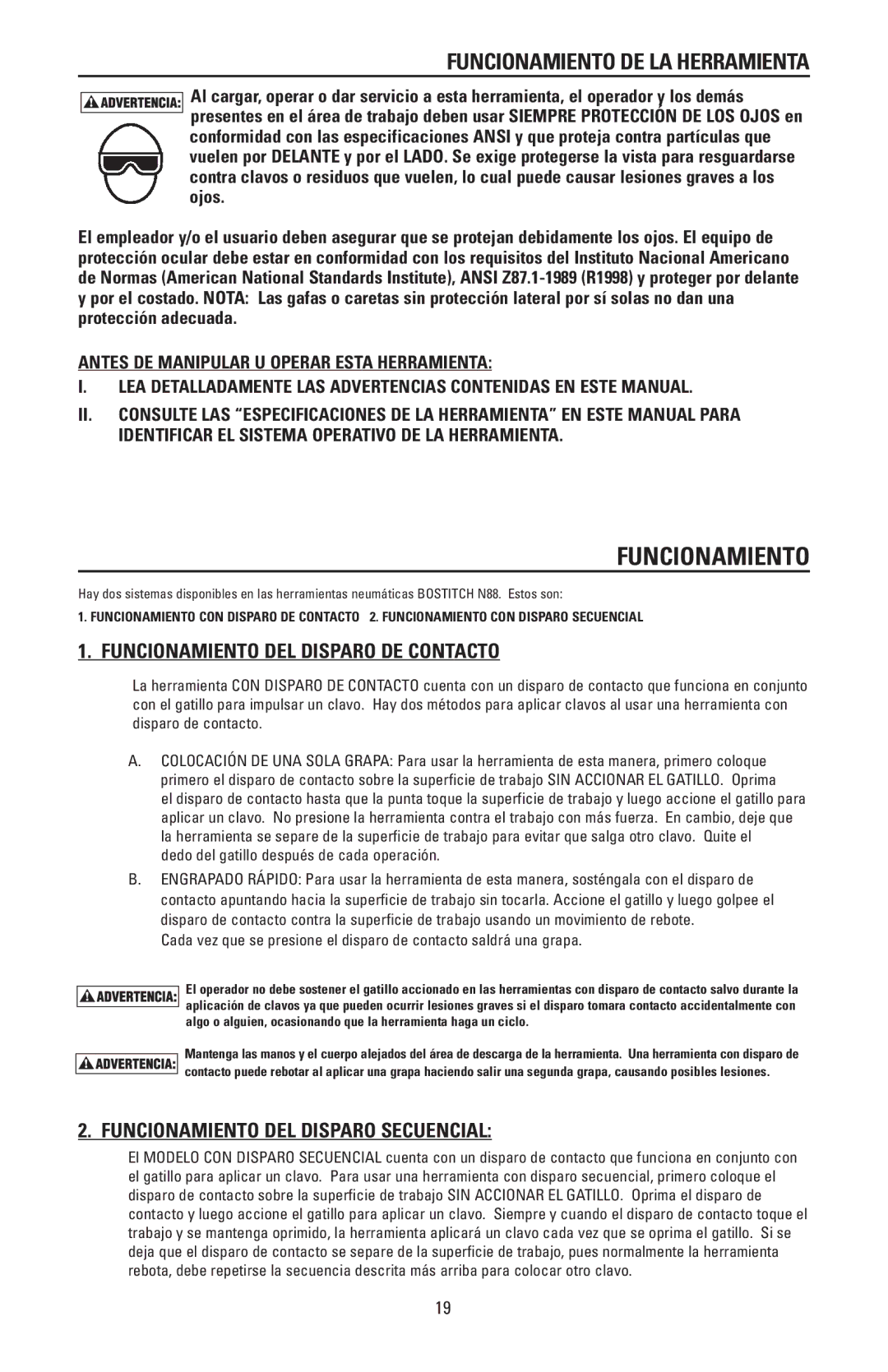 Bostitch N88RH, N88WWB manual Funcionamiento DE LA Herramienta, Funcionamiento DEL Disparo DE Contacto 