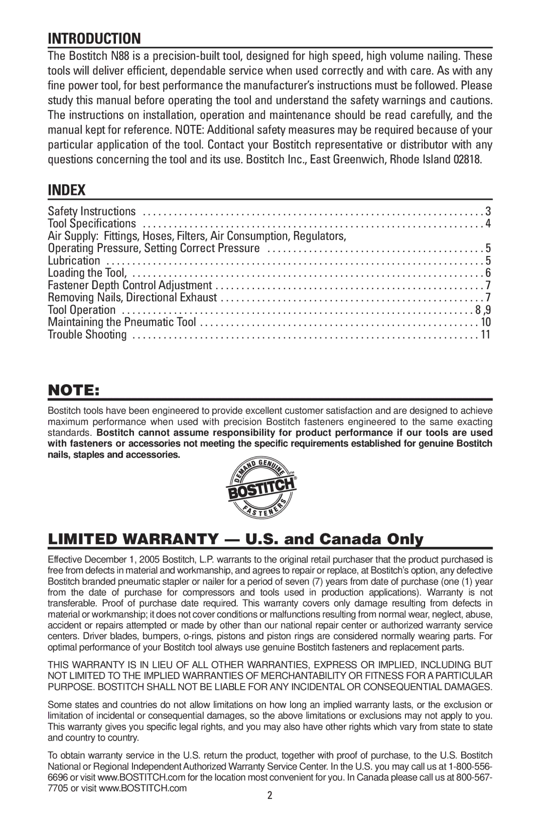 Bostitch N88WWB, N88RH manual Introduction, Index 