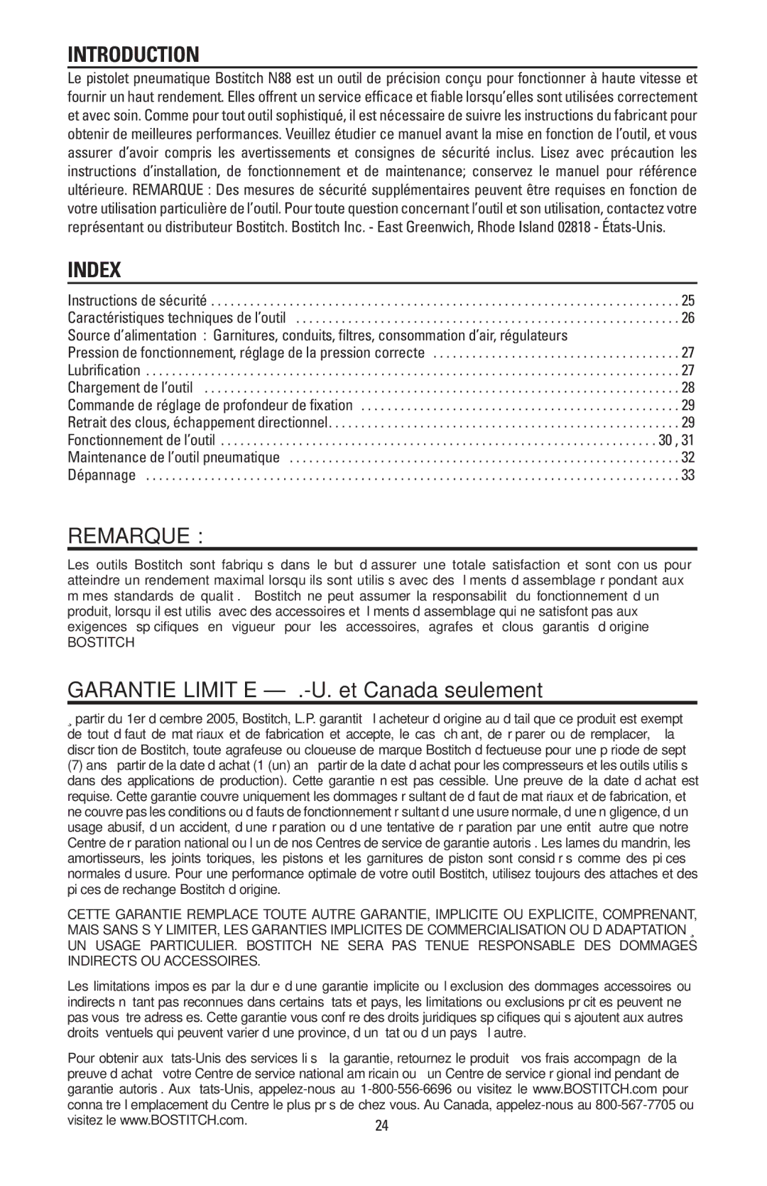 Bostitch N88WWB, N88RH manual Remarque, Garantie Limitée É.-U. et Canada seulement 