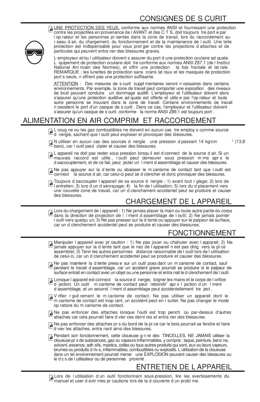 Bostitch N88RH, N88WWB manual Consignes DE Sécurité, Alimentation EN AIR Comprimé ET Raccordement, Chargement DE L’APPAREIL 