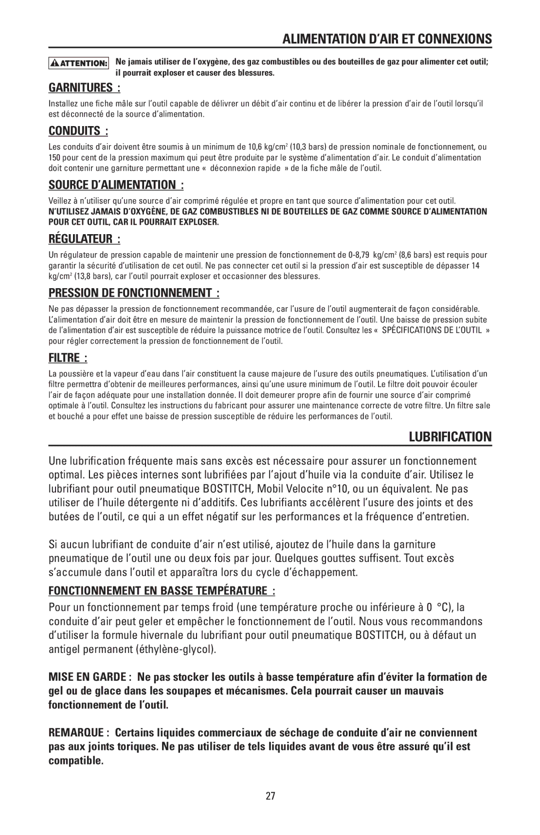 Bostitch N88RH, N88WWB manual Alimentation D’AIR ET Connexions, Lubrification 