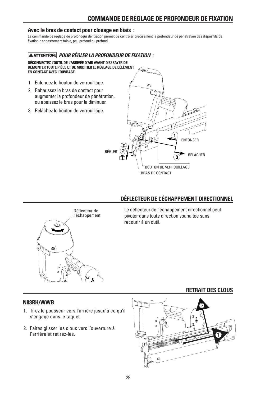 Bostitch N88WWB manual Commande DE Réglage DE Profondeur DE Fixation, Retrait DES Clous N88RH/WWB 