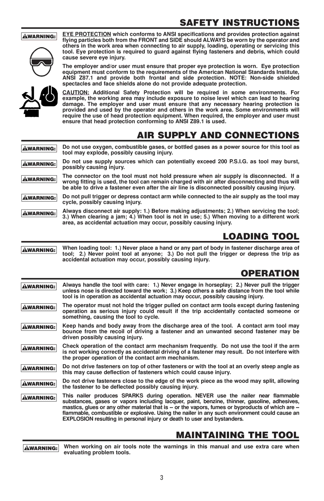 Bostitch N88RH, N88WWB manual Safety Instructions, AIR Supply and Connections, Loading Tool, Operation, Maintaining the Tool 