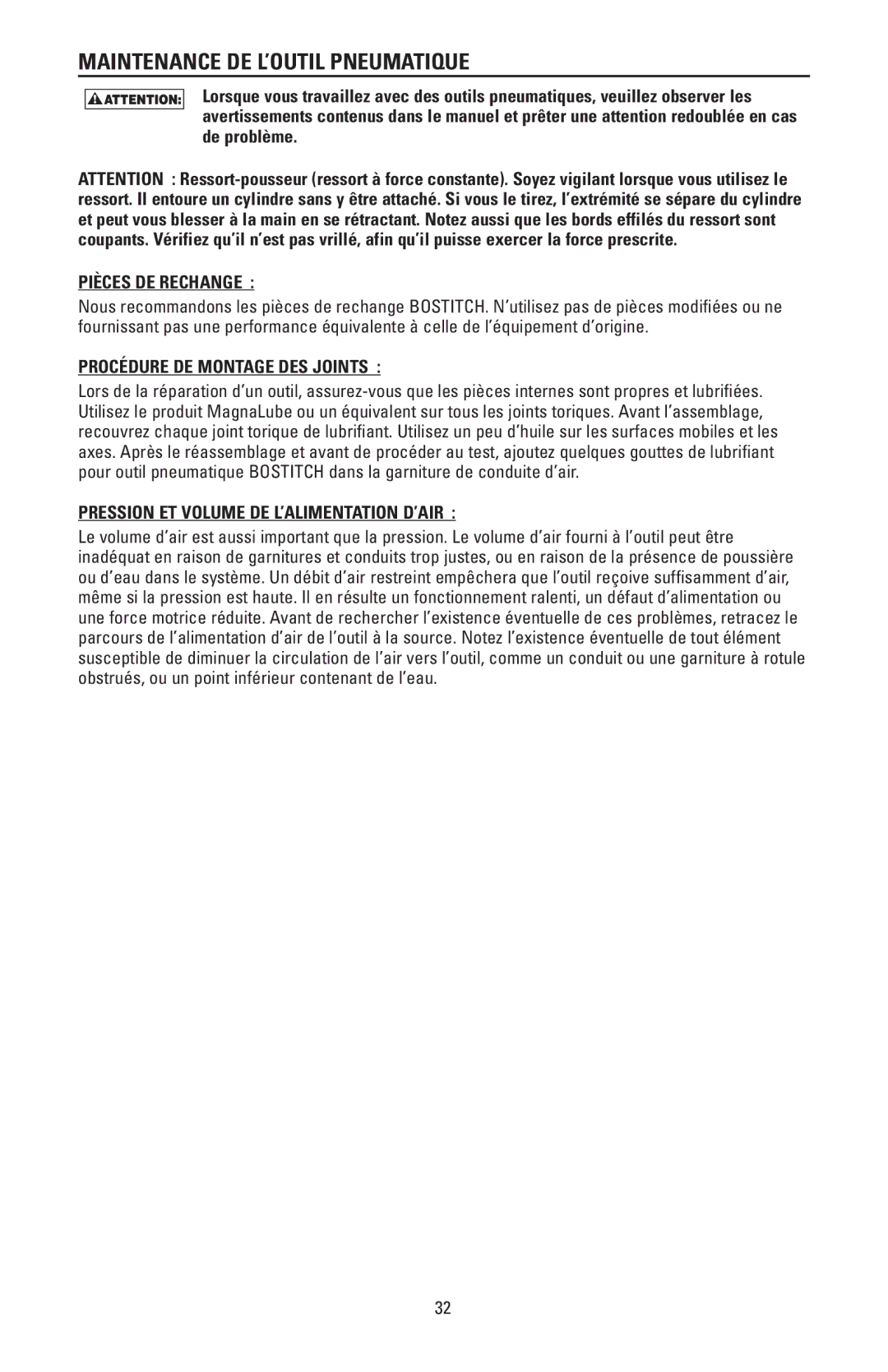 Bostitch N88WWB, N88RH manual Maintenance DE L’OUTIL Pneumatique, Pièces DE Rechange, Procédure DE Montage DES Joints 
