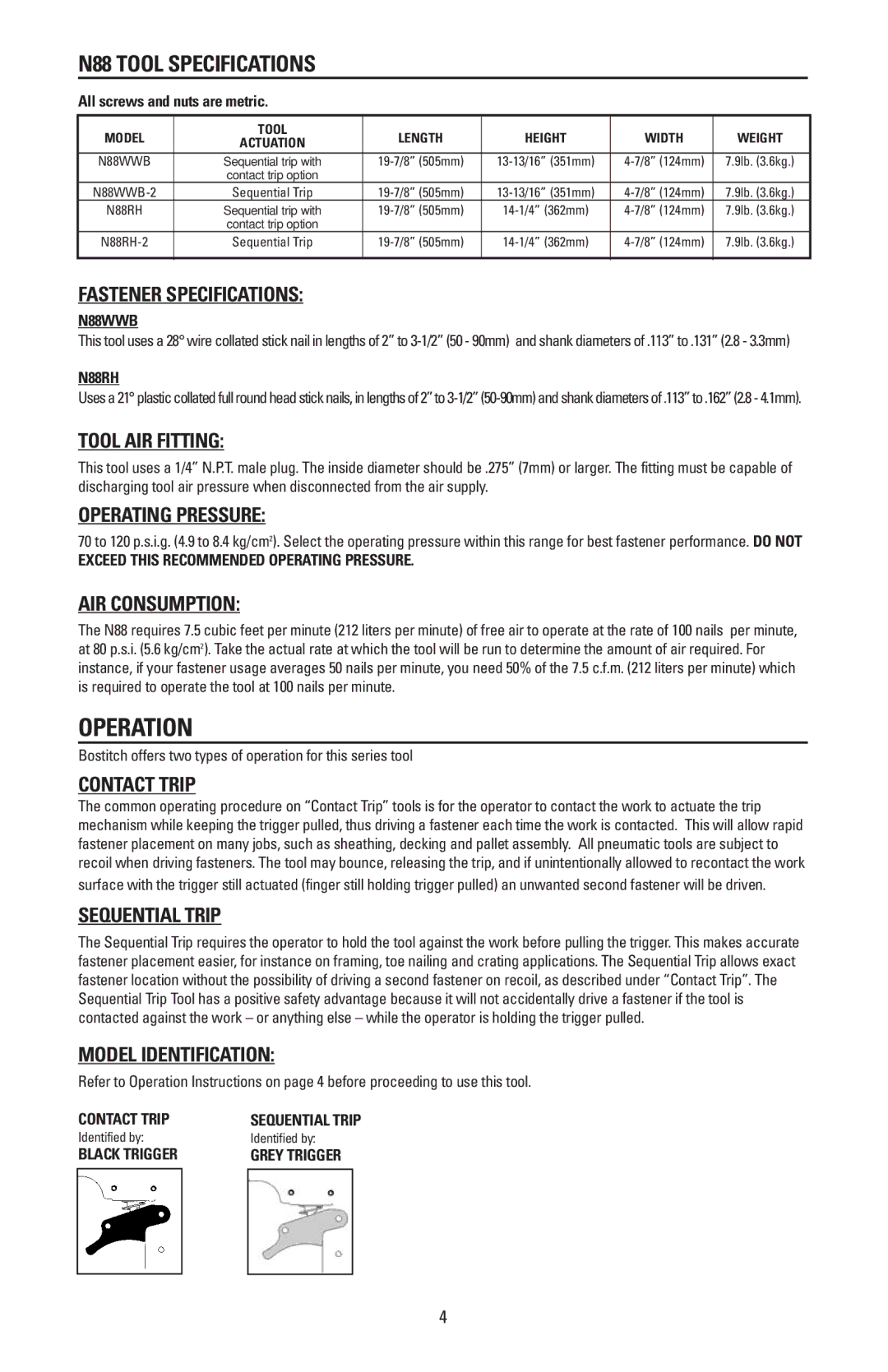 Bostitch N88WWB, N88RH manual Operation, N88 Tool Specifications 