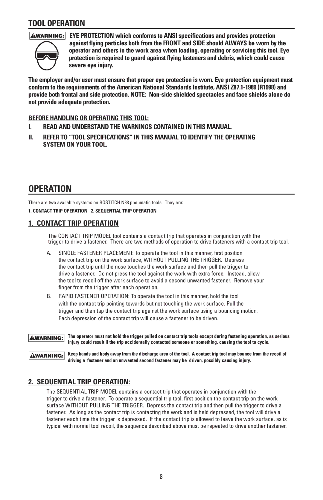 Bostitch N88WWB, N88RH manual Tool Operation, Contact Trip Operation, Sequential Trip Operation 