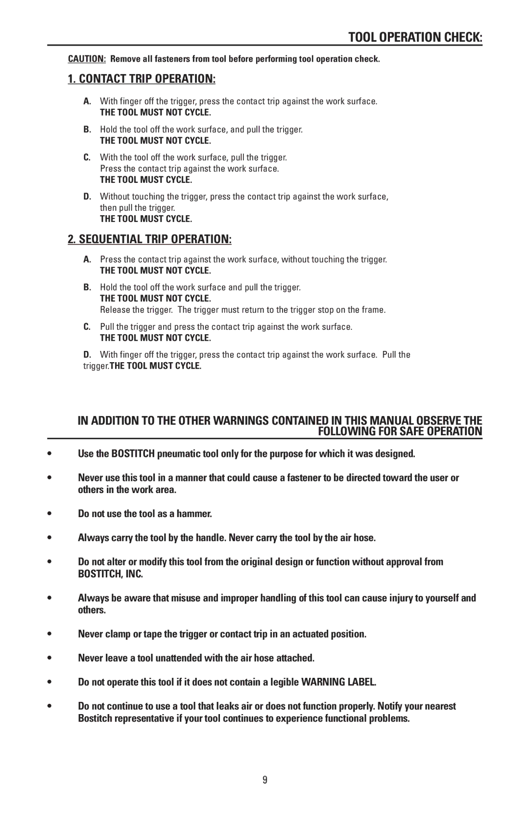 Bostitch N88RH, N88WWB manual Tool Operation Check, Bostitch, Inc, Tool Must not Cycle, Tool Must Cycle 