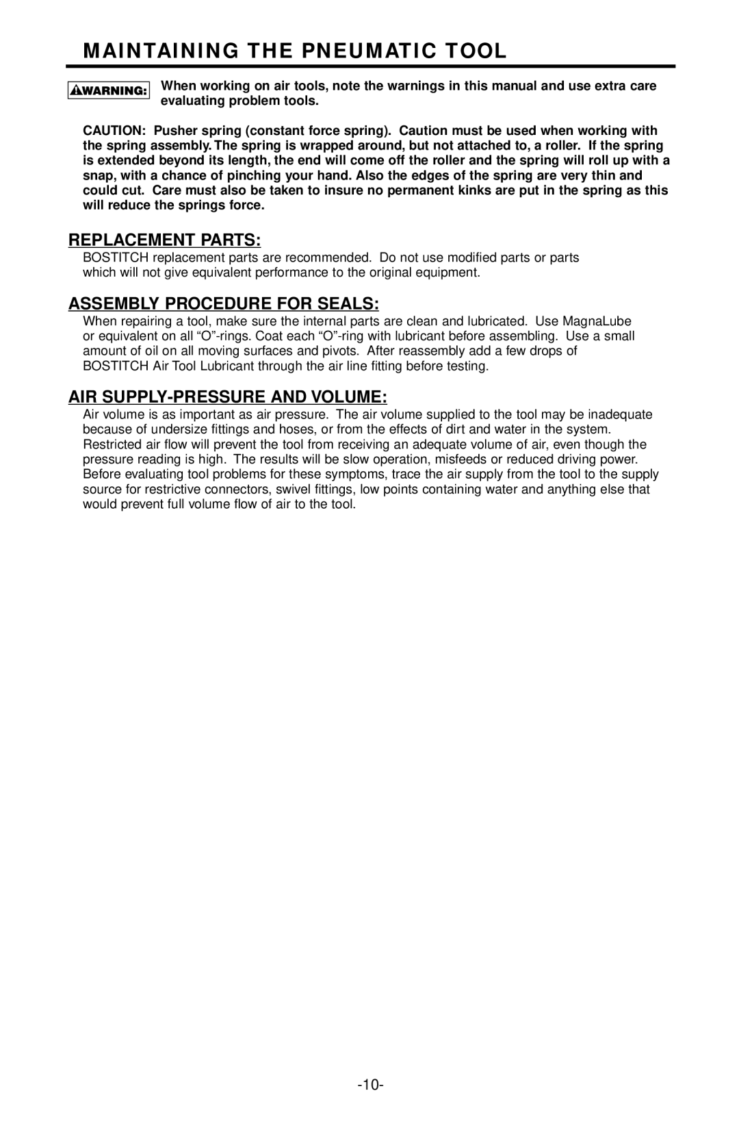 Bostitch N88WW/N88RH manual Maintaining the Pneumatic Tool, Replacement Parts, Assembly Procedure for Seals 