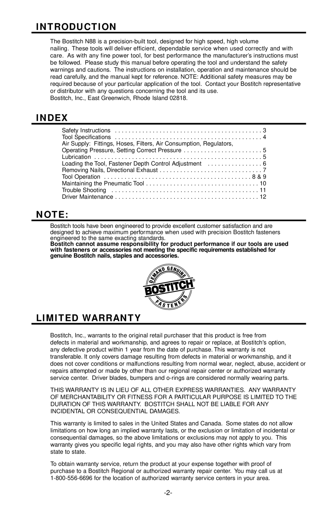 Bostitch N88WW/N88RH manual Introduction, Index, Limited Warranty 