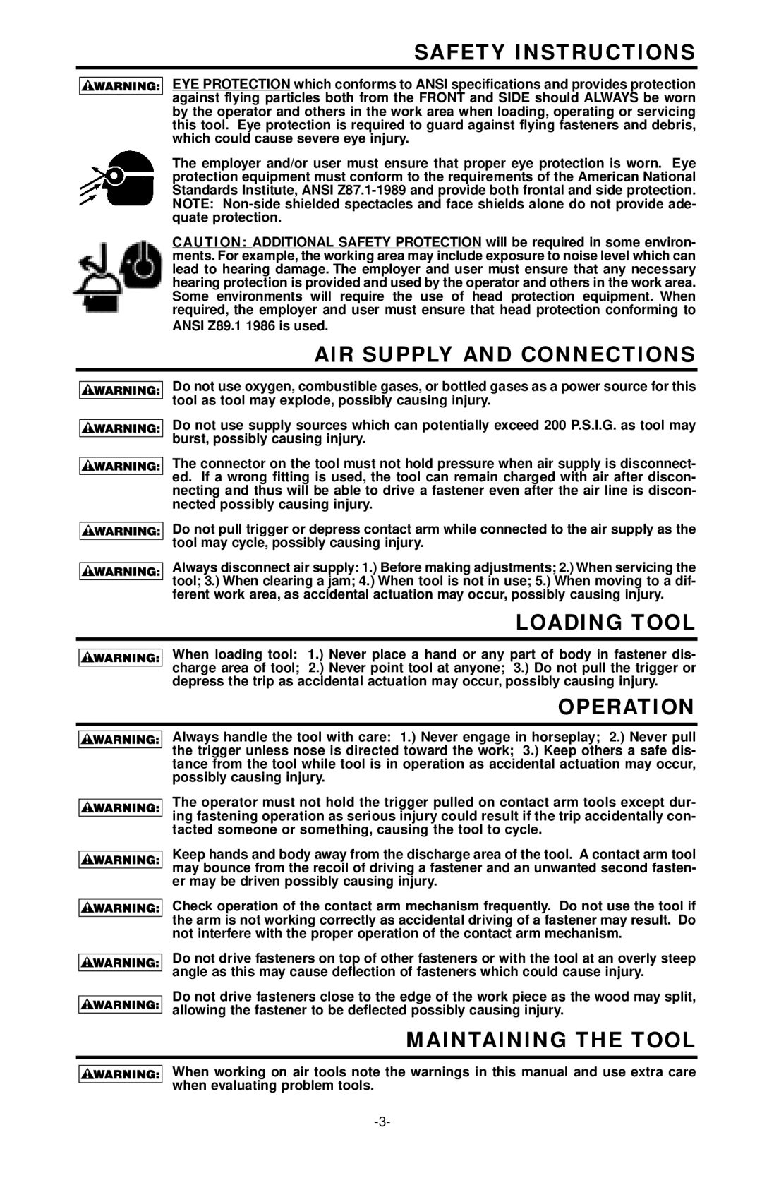 Bostitch N88WW/N88RH manual Safety Instructions, AIR Supply and Connections, Loading Tool, Operation, Maintaining the Tool 