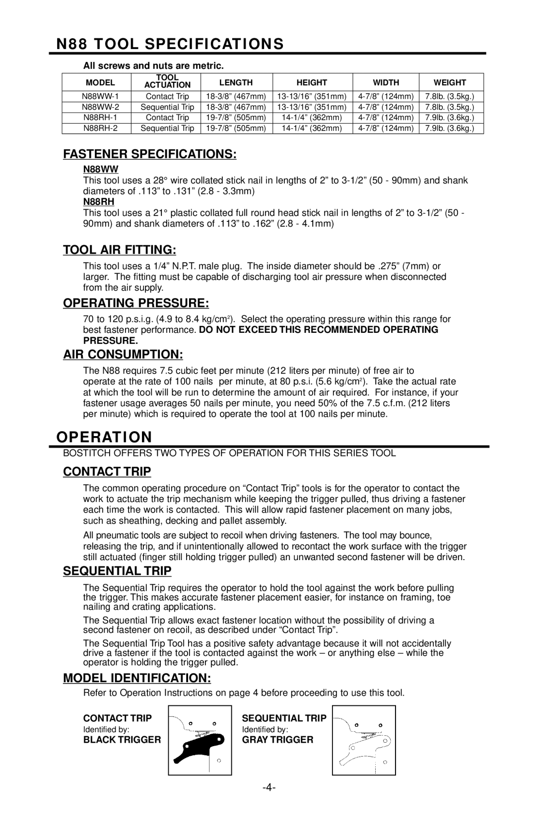 Bostitch N88WW/N88RH manual N88 Tool Specifications 