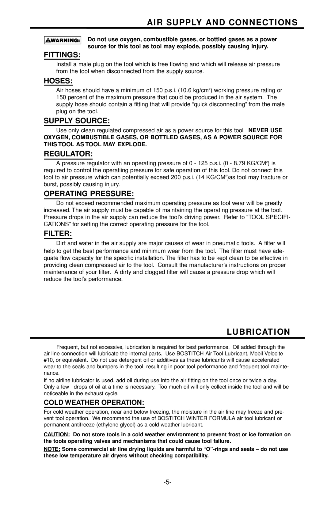 Bostitch N88WW/N88RH manual AIR Supply and Connections, Lubrication 