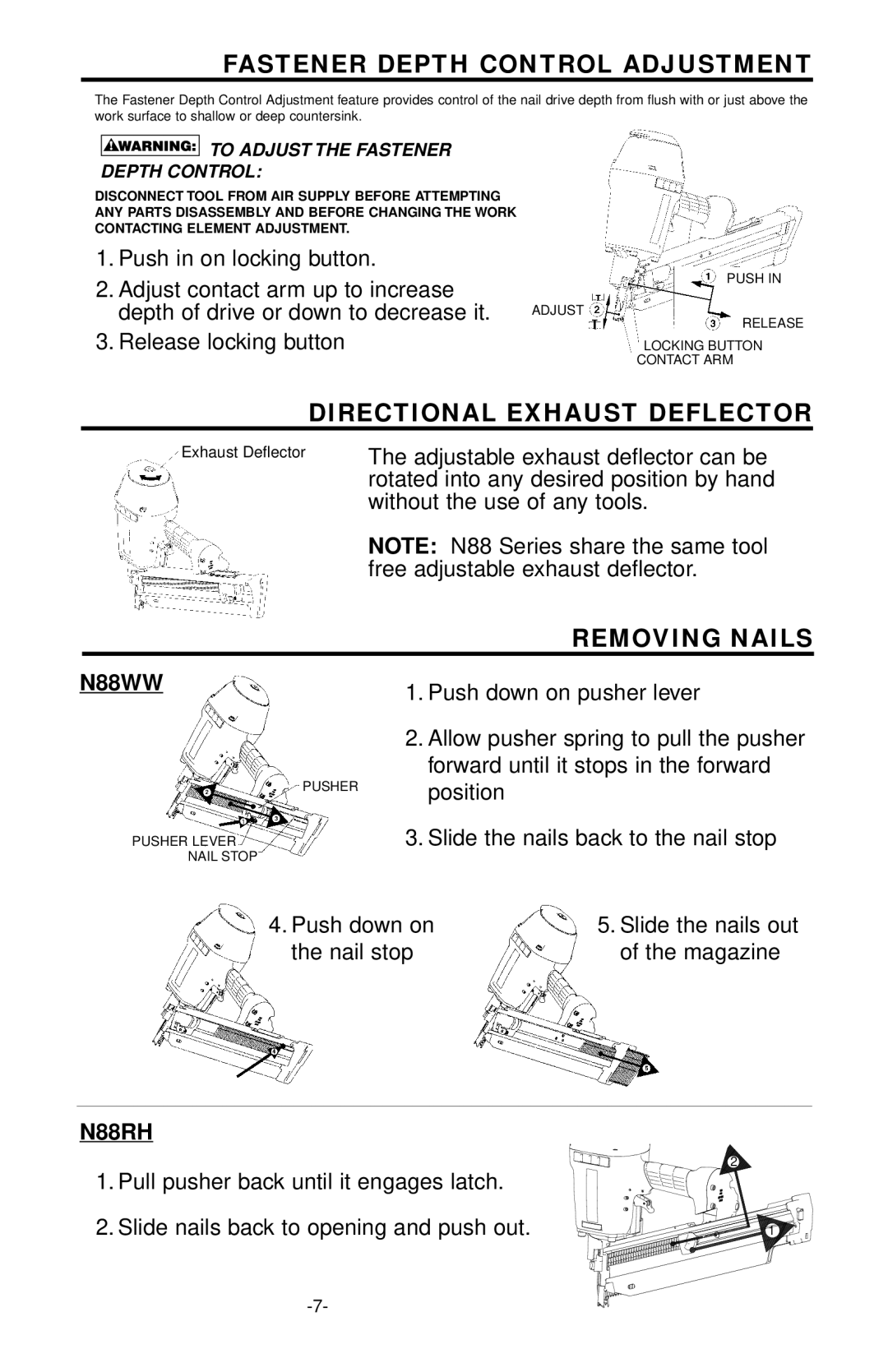 Bostitch N88WW/N88RH manual Fastener Depth Control Adjustment, Directional Exhaust Deflector, Removing Nails 