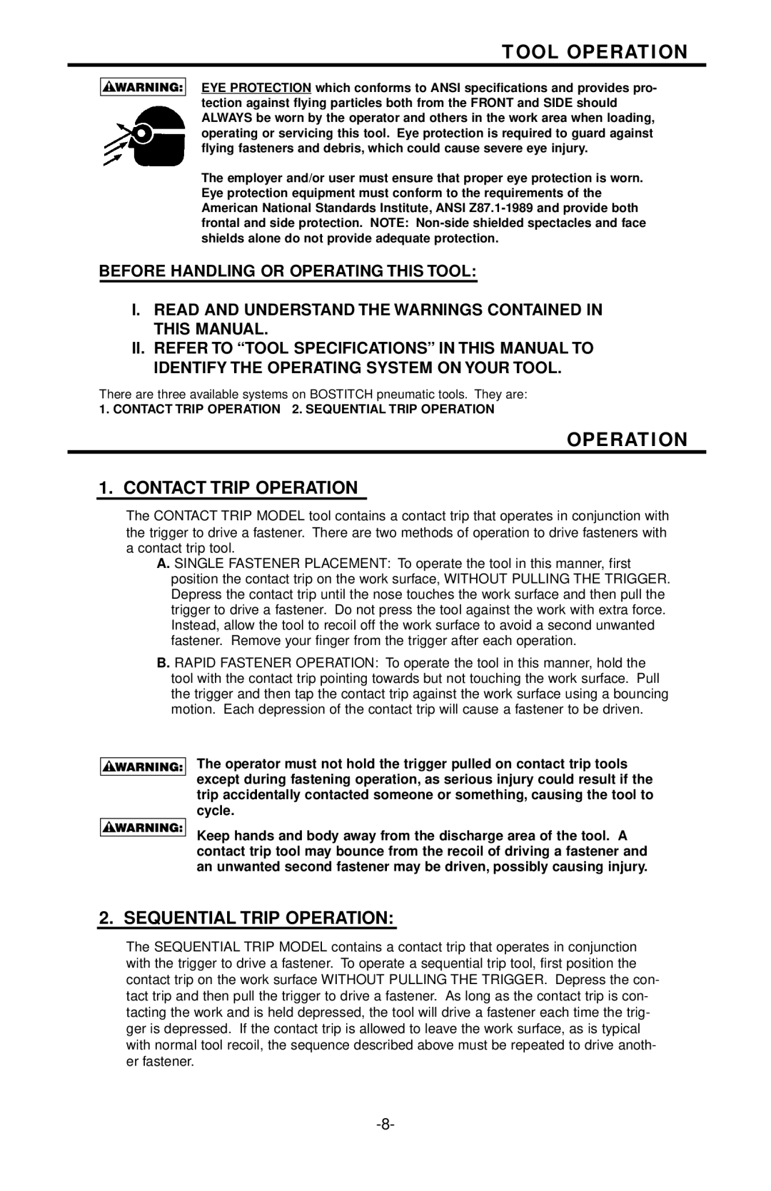 Bostitch N88WW/N88RH manual Tool Operation, Contact Trip Operation, Sequential Trip Operation 