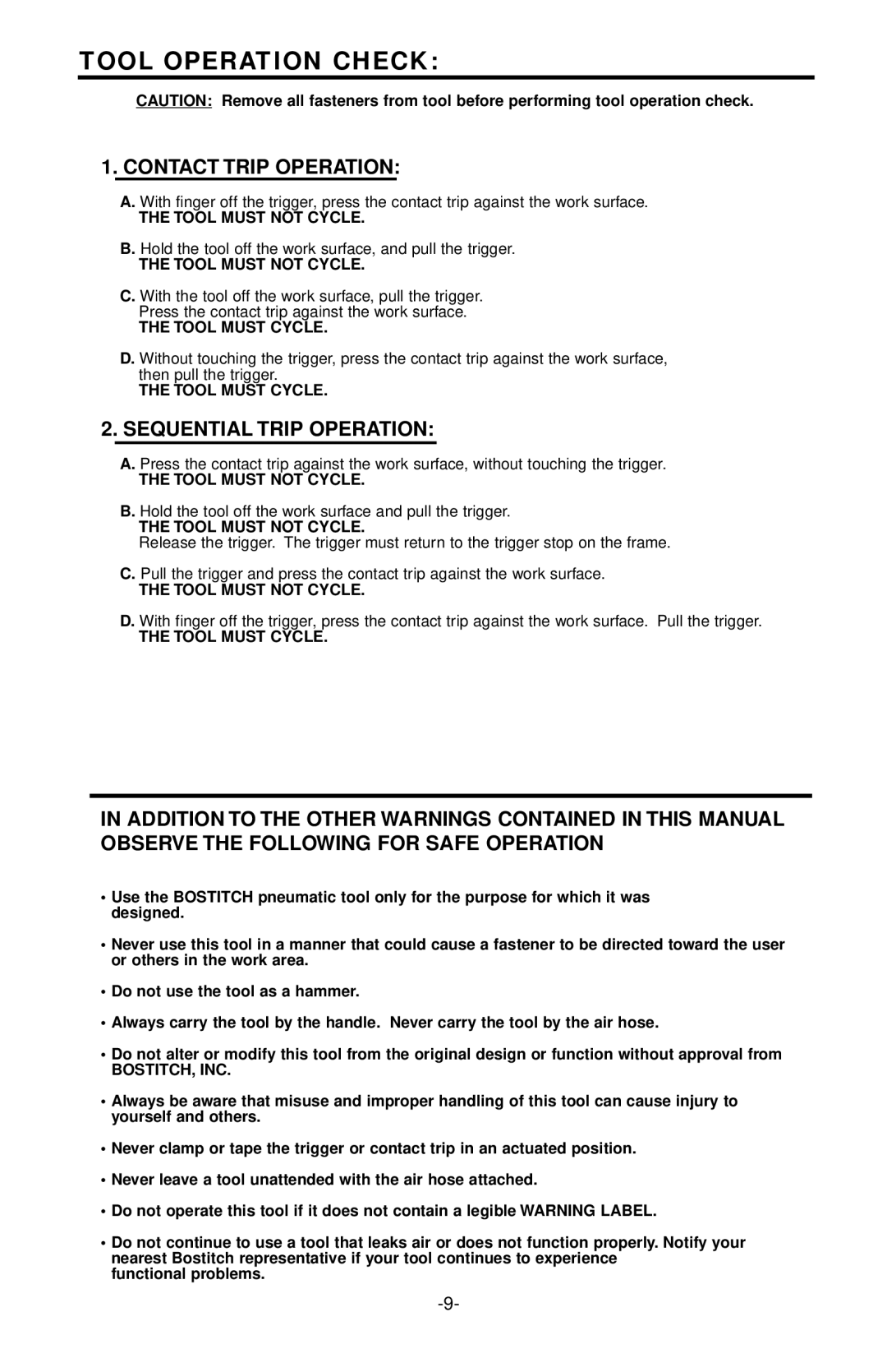 Bostitch N88WW/N88RH manual Tool Operation Check, Tool Must not Cycle, Tool Must Cycle, Bostitch, Inc 