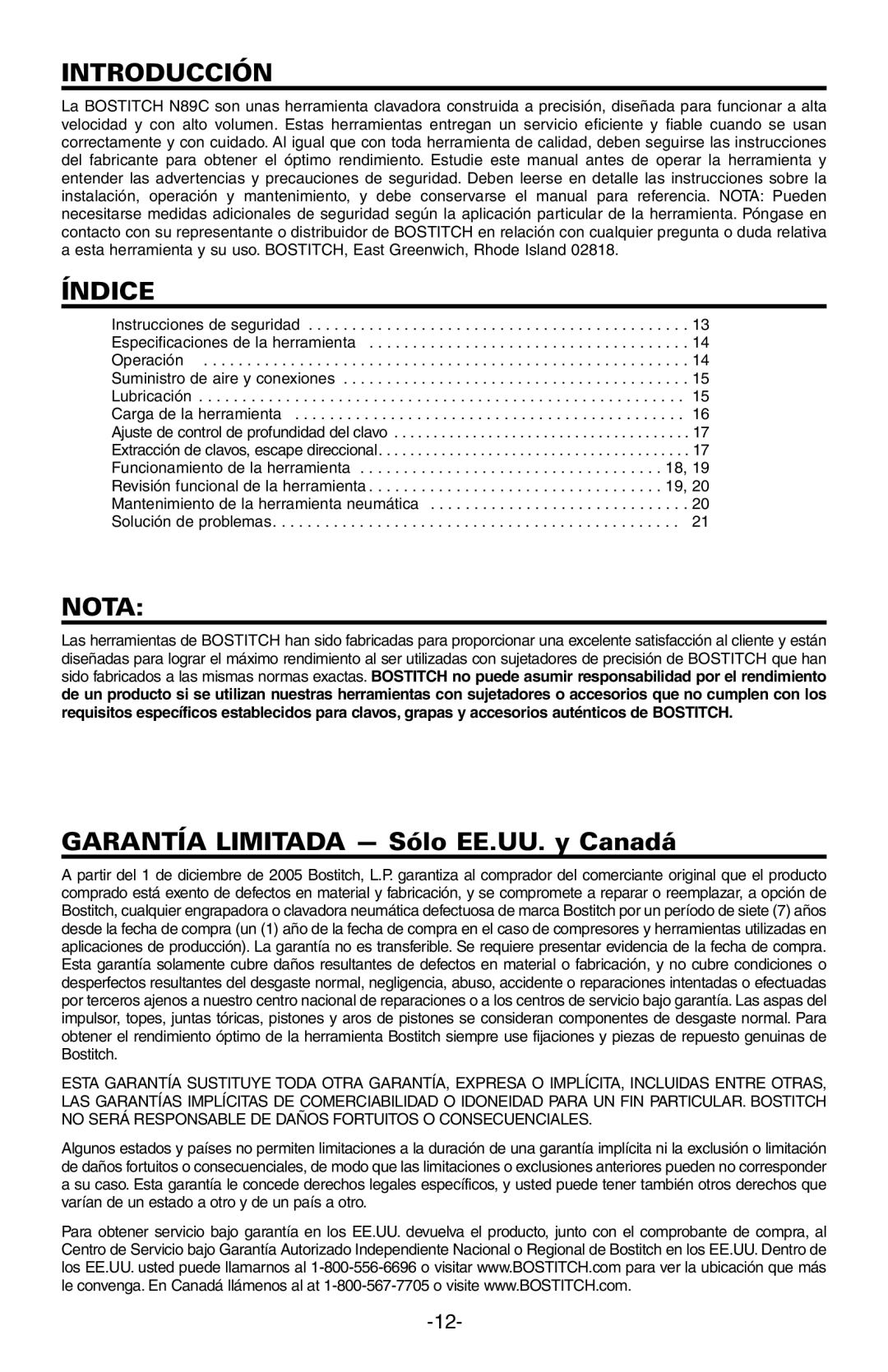 Bostitch N89C manual Introducción, Índice, Nota 