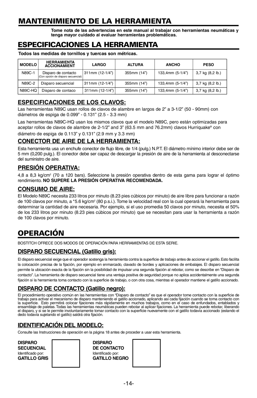 Bostitch N89C manual Mantenimiento DE LA Herramienta, Especificaciones LA Herramienta 