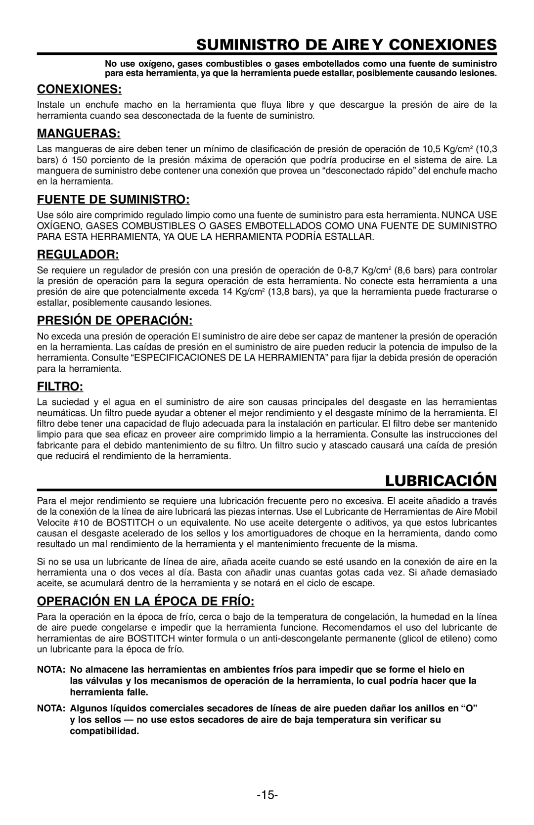 Bostitch N89C manual Lubricación 