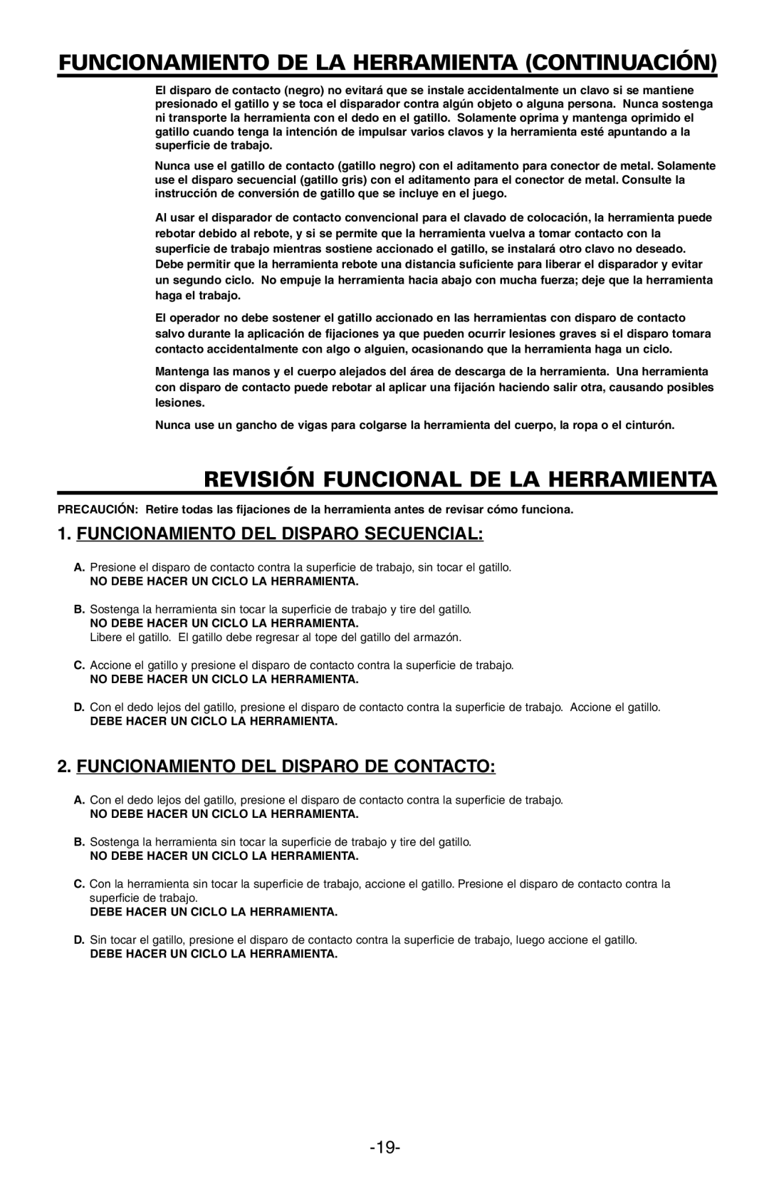 Bostitch N89C manual Funcionamiento DE LA Herramientacontinuación, Revisión Funcional DE LA Herramienta 